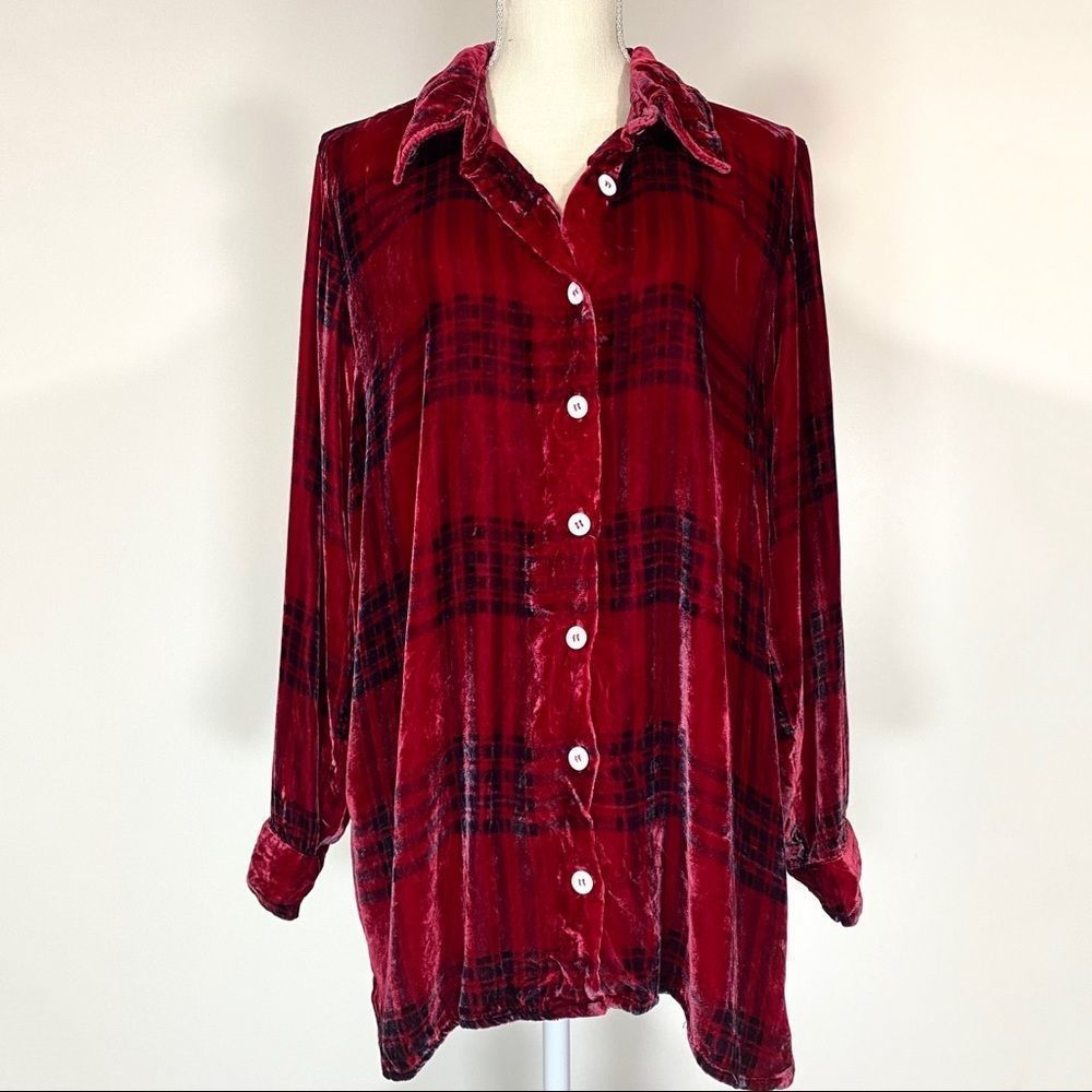 Soft Surroundings Maize Silk Blend Velvet Red Plaid Shirt Blouse, L